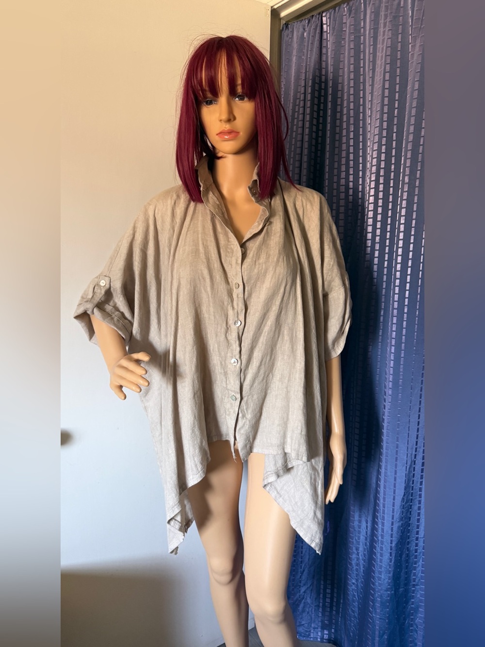 Saga Italy 100% Linen Oversized One Size Shirt Beige Lagenlook 78” Bust Boho